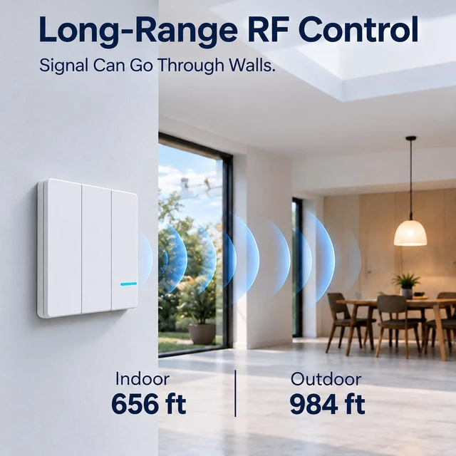 Alt view image 5 of 7 - Thinkbee 3 Gang Wireless Light Switch Kit, RF Remote with Mini Receiver | 3-Zone Lighting Control, 1000W LED Load, IP66 Waterproof, 656ft Indoor RF Range, for Living Room, Garage, Workshop & Office
