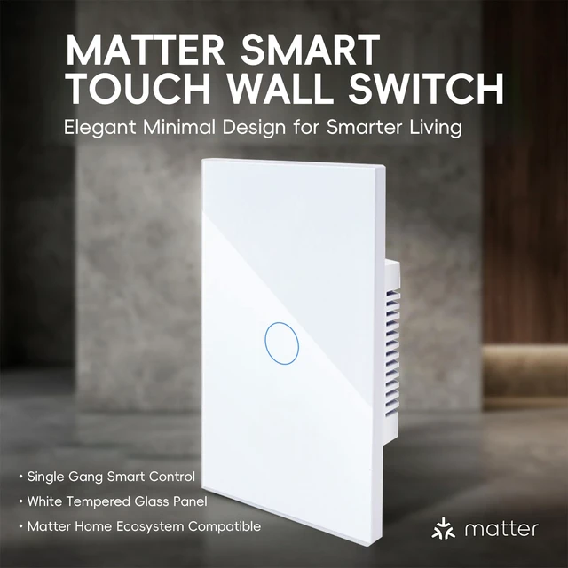 Alt view image 2 of 7 - iPazzPort Matter Smart Touch Light Switch, 1-Gang Single Pole | Supports Matter Tempered Glass Panel Neutral Wire Required Works with Apple Home, Google Home, Alexa & Tuya