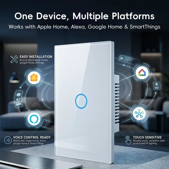 Alt view image 3 of 7 - iPazzPort Matter Smart Touch Light Switch, 1-Gang Single Pole | Supports Matter Tempered Glass Panel Neutral Wire Required Works with Apple Home, Google Home, Alexa & Tuya