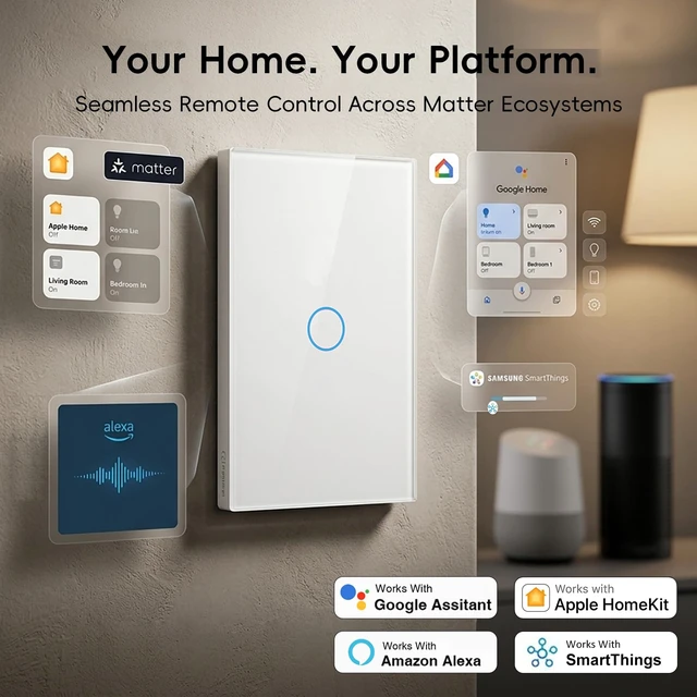 Alt view image 4 of 7 - iPazzPort Matter Smart Touch Light Switch, 1-Gang Single Pole | Supports Matter Tempered Glass Panel Neutral Wire Required Works with Apple Home, Google Home, Alexa & Tuya
