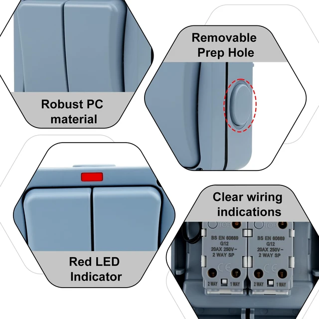 Alt view image 3 of 7 - Outdoor Light Switch, USUPERINK Outdoor Double Switch, IP66 Waterproof, 2 Gang 2 Way Dual Switches, 15Amp 110-250V, SPDT Exterior Electrical Switches for Outside, Garden, Pool, Patio, Balcony