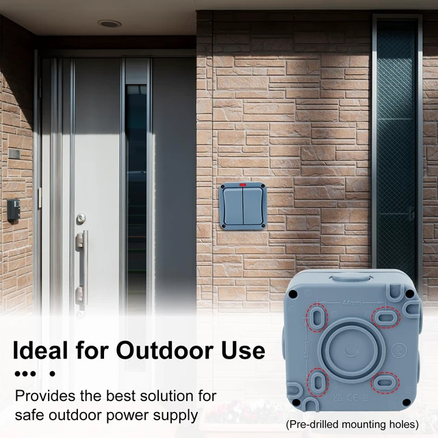 Alt view image 4 of 7 - Outdoor Light Switch, USUPERINK Outdoor Double Switch, IP66 Waterproof, 2 Gang 2 Way Dual Switches, 15Amp 110-250V, SPDT Exterior Electrical Switches for Outside, Garden, Pool, Patio, Balcony