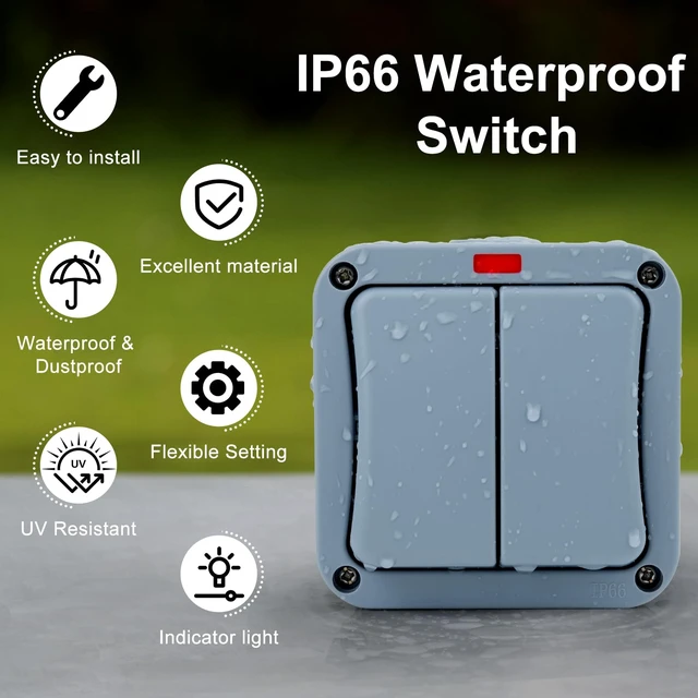 Alt view image 2 of 7 - Outdoor Light Switch, USUPERINK Outdoor Double Switch, IP66 Waterproof, 2 Gang 2 Way Dual Switches, 15Amp 110-250V, SPDT Exterior Electrical Switches for Outside, Garden, Pool, Patio, Balcony