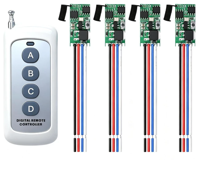 Main image of 4 Way Mini Wireless Switches 12V Mini Remote Control Switch | DC 5V/12V/24V/3A Wireless Remote Control Switch Remote Lamp Switchs for Wall Lights,LED Lights etc (4 Way)