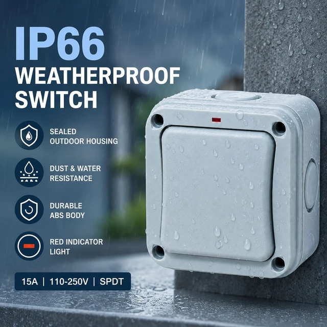 Alt view image 2 of 7 - 1PCS IP66 Outdoor Switch, 1 Gang SPDT 15A 110-250V Weatherproof Switch | Waterproof Exterior Light Switch for Garden, Pool, Patio, Balcony and Outdoor Electrical Devices