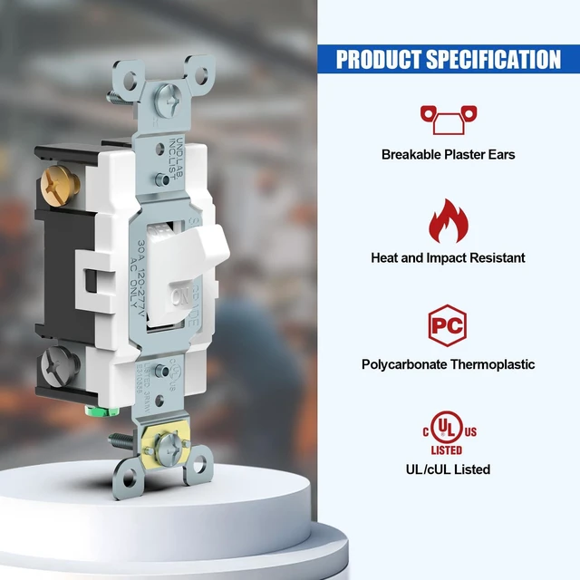 Alt view image 3 of 5 - ThunderWay 30 Amp Toggle Double-Pole Light Switch, 30A 120/277V, Self-Grounding, Industrial Grade, UL Listed, White (2PACK)