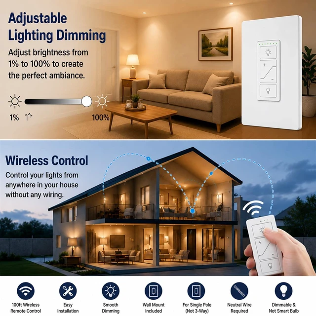 Alt view image 2 of 7 - Nexete Smart Dimmer Wall Switch,Single Pole Wired Dimmer with Wireless Remote,DIY No Wiring 3-Way Control,Remote & Voice Control,Bluetooth Work with Amazon Alexa Only No Wi-Fi Required