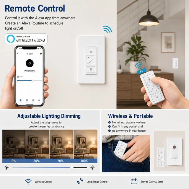 Alt view image 4 of 7 - Nexete Smart Dimmer Wall Switch,Single Pole Wired Dimmer with Wireless Remote,DIY No Wiring 3-Way Control,Remote & Voice Control,Bluetooth Work with Amazon Alexa Only No Wi-Fi Required
