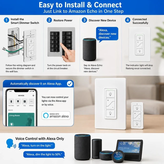 Alt view image 6 of 7 - Nexete Smart Dimmer Wall Switch,Single Pole Wired Dimmer with Wireless Remote,DIY No Wiring 3-Way Control,Remote & Voice Control,Bluetooth Work with Amazon Alexa Only No Wi-Fi Required