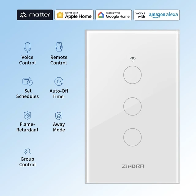 Alt view image 2 of 7 - Smart Touch Wall Light Switch with Matter, Tempered-Glass Panel, Neutral Wire Required, Single-Pole, 2.4GHz Wi-Fi, App/Voice Control with Alexa/Google/Apple Home, Timers & Schedules 3Gang - 3Pack