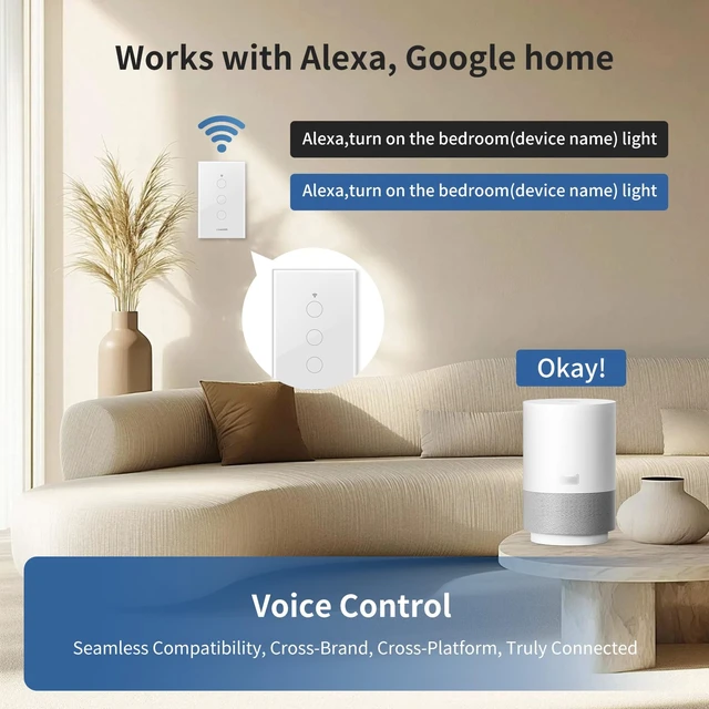 Alt view image 4 of 7 - Smart Touch Wall Light Switch with Matter, Tempered-Glass Panel, Neutral Wire Required, Single-Pole, 2.4GHz Wi-Fi, App/Voice Control with Alexa/Google/Apple Home, Timers & Schedules 3Gang - 3Pack
