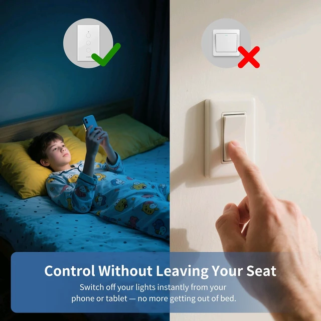 Alt view image 5 of 7 - Smart Touch Wall Light Switch with Matter, Tempered-Glass Panel, Neutral Wire Required, Single-Pole, 2.4GHz Wi-Fi, App/Voice Control with Alexa/Google/Apple Home, Timers & Schedules 3Gang - 3Pack