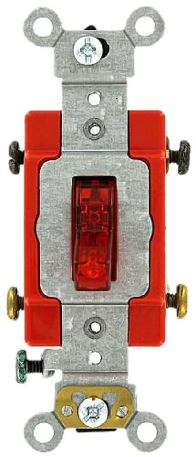 Main image of Leviton 20 Amp, 277 Volt, Toggle Pilot Light, Neutral Double-Pole AC Quiet Switch, Extra Heavy Duty Spec Grade, Self Grounding, Back and Side Wired, 1222-7PR, Red