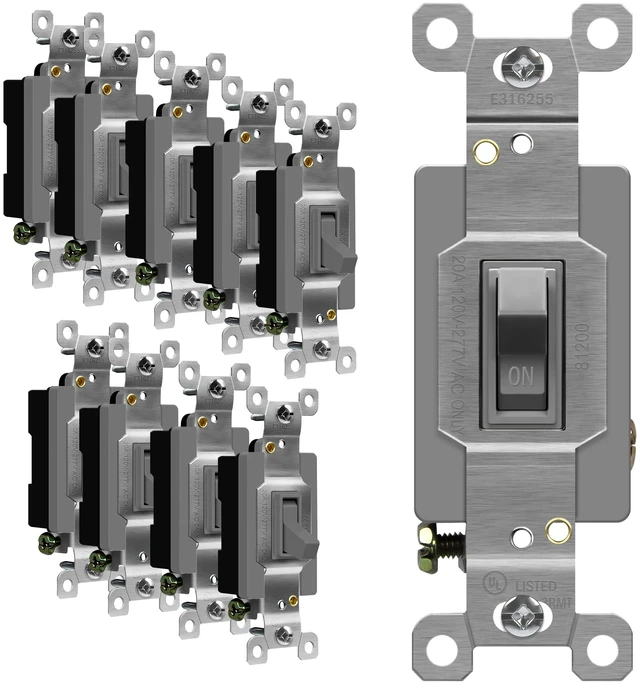 Main image of ENERLITES 20 Amp Single Pole Toggle Light Switch, Commercial Grade, Gray | Impact-resistan polycarbonate & solid steel materials, commercial & residential use, 10 Pack, 20A, 120V/277VAC, UL Listed