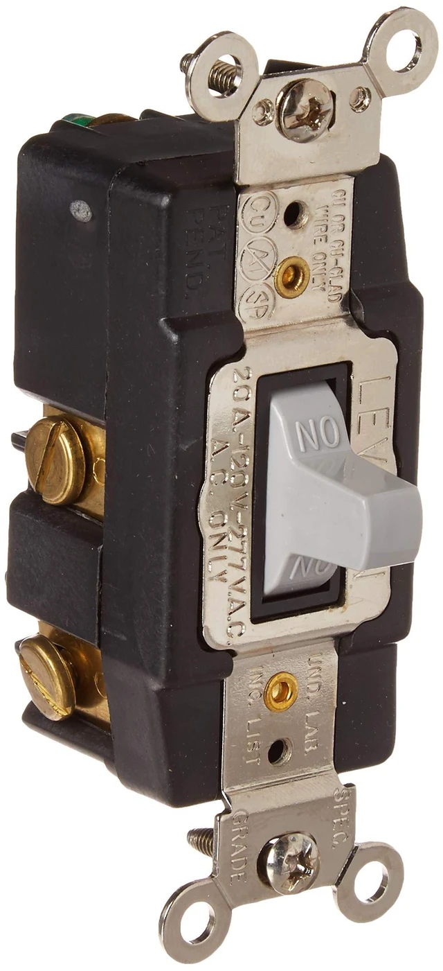 Main image of Leviton 20 Amp, 120/277 Volt, Toggle, Double Throw, Center Off, Momentary Contact, Single-Pole AC Quiet Switch, Industrial Grade, Grounding, 1257-GY, Gray