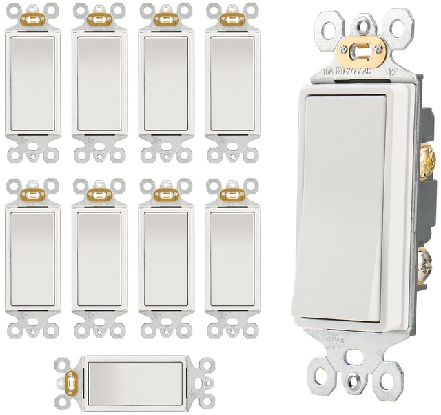 Main image of Wengart (10-Pack) Rocker Decorator Light Switch, 15A 120/277V, Single Pole On/Off Electrical Wall Switch, Self-Grounding with Auto Ground Clip, UL Listed, High-Impact Thermoplastic, White