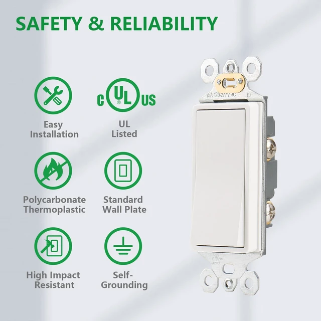Alt view image 3 of 7 - Wengart (10-Pack) Rocker Decorator Light Switch, 15A 120/277V, Single Pole On/Off Electrical Wall Switch, Self-Grounding with Auto Ground Clip, UL Listed, High-Impact Thermoplastic, White