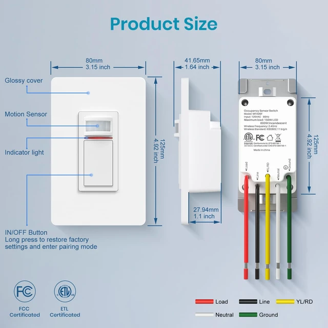 Alt view image 3 of 7 - Milfra Smart Motion Sensor Light Switch,Motion Sensor Light Switch Works with Siri Alexa and Google Home, Voice and Remote Control, Neutral Wire Required