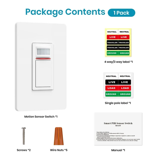 Alt view image 7 of 7 - Milfra Smart Motion Sensor Light Switch,Motion Sensor Light Switch Works with Siri Alexa and Google Home, Voice and Remote Control, Neutral Wire Required