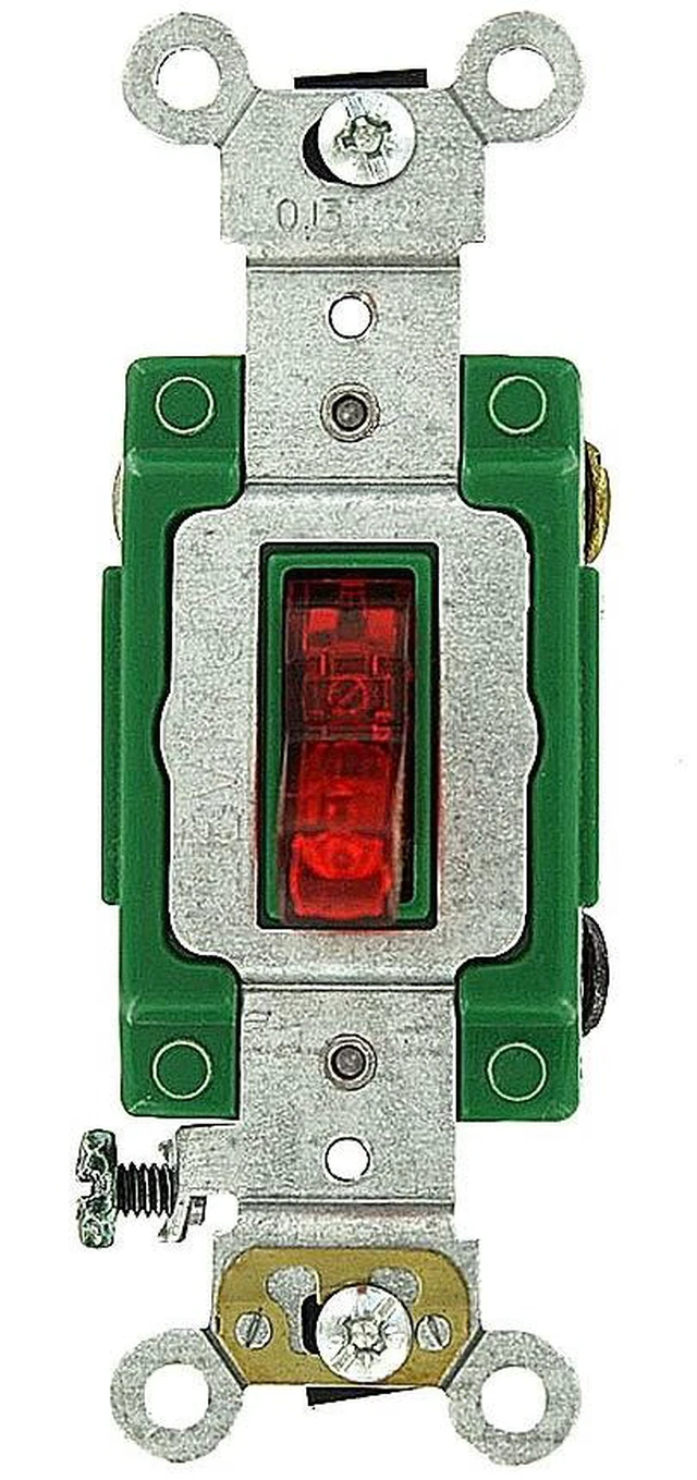 Main image of Leviton 30 Amp, 120 Volt, Toggle Pilot Light, Illuminated On, Neutral Single-Pole AC Quiet Switch, Extra Heavy Duty Grade, Self Grounding, 3031-PLR, Red