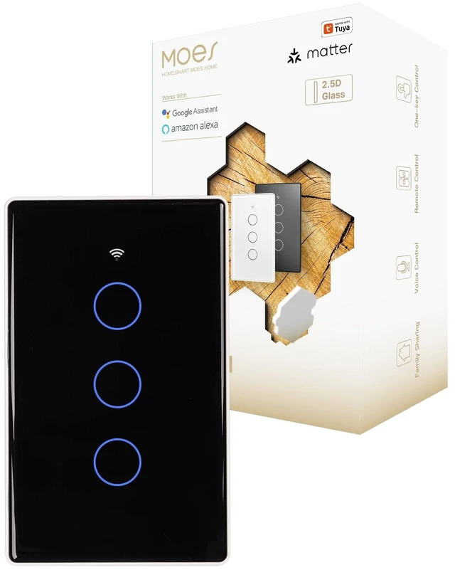 Main image of MOES Matter Smart Light Switch, 2.5D Glass Touch, Alexa & Google, 3 Gang | Premium 2.5D Glass Panel, Matter WiFi, Apple Home, Alexa Google SmartThings, Touch Control, Timer Schedule, Neutral Wire 10A