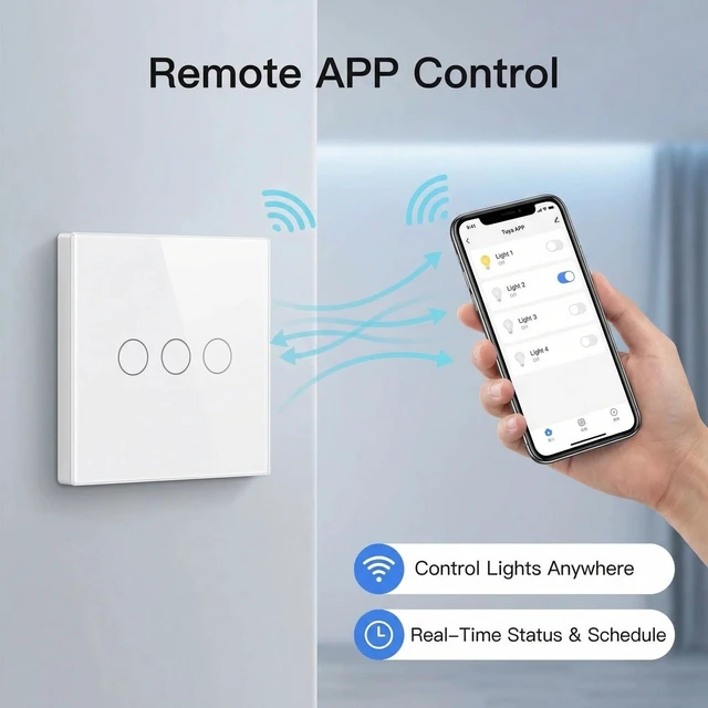 Alt view image 3 of 7 - 3-Way Smart Switch Wall Light Control Touch,App Remote Control,White | 3-Way WiFi BT 433MHz RF Tuya App control, Alexa Google voice, no hub, tempered glass touch panel for home indoor lights