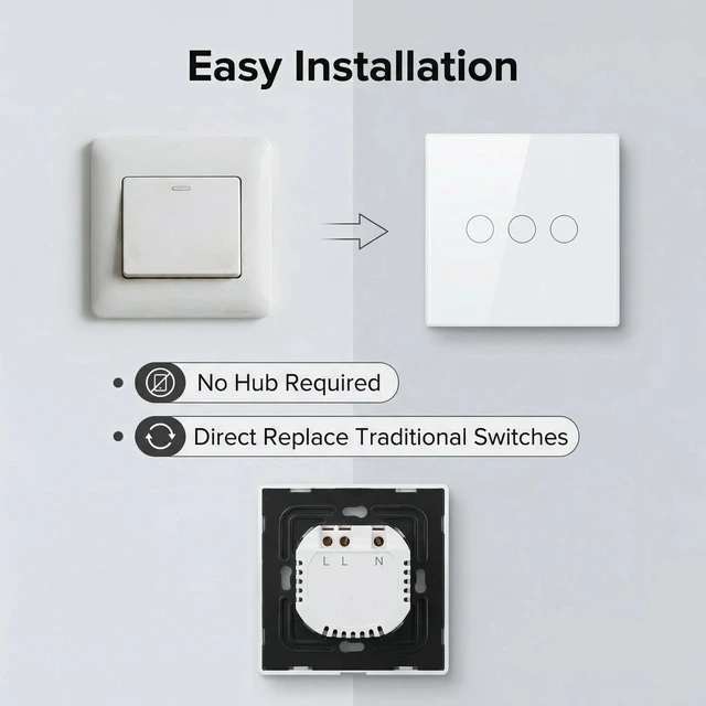 Alt view image 6 of 7 - 3-Way Smart Switch Wall Light Control Touch,App Remote Control,White | 3-Way WiFi BT 433MHz RF Tuya App control, Alexa Google voice, no hub, tempered glass touch panel for home indoor lights