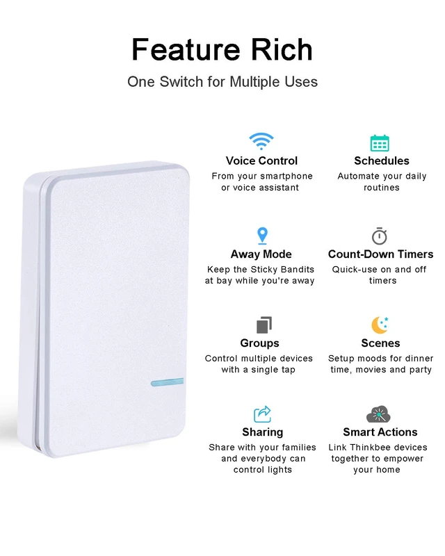 Alt view image 2 of 7 - Thinkbee Smart Light Switch 2.4GHz WiFi Wireless Switch Kit, 1000W LED Load | Compatible with Alexa, Google Assistant and IFTTT, Outdoor 984ft Indoor 656ft Remote Control, No Hub Required,Ceiling Lamp