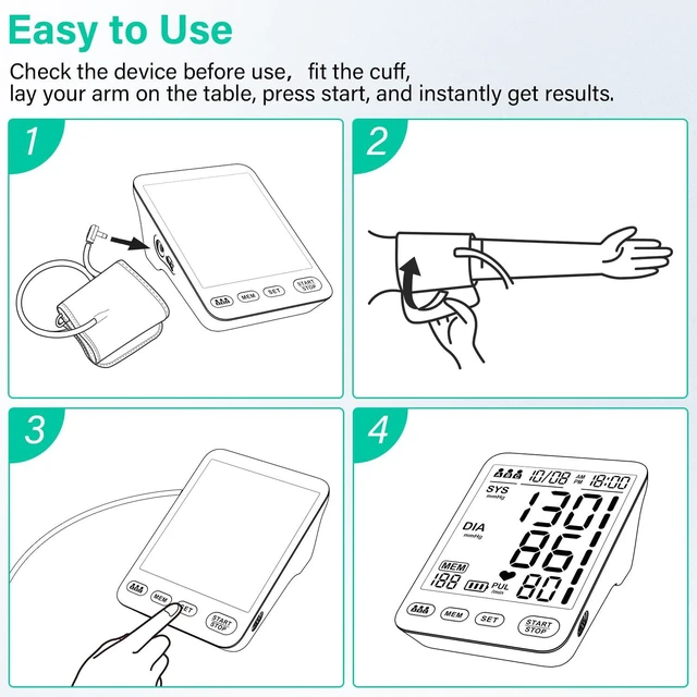 Alt view image 2 of 7 - Yomseayo Blood Pressure Monitor, Automatic Upper Arm, 3 Users 199 Memory | 2 Cuff(9-17&13-21in), Large LCD, One-Press Start, Time/Date Record, 35s Quick Results, Daily Use, Battery/USB-C Power