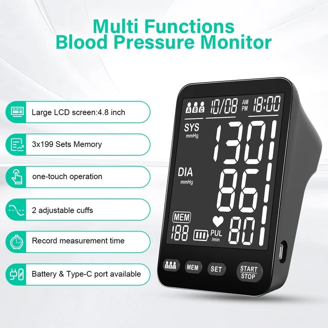 Alt view image 6 of 7 - Yomseayo Blood Pressure Monitor, Automatic Upper Arm, 3 Users 199 Memory | 2 Cuff(9-17&13-21in), Large LCD, One-Press Start, Time/Date Record, 35s Quick Results, Daily Use, Battery/USB-C Power
