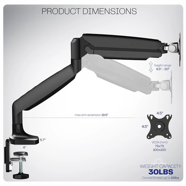 Alt view image 3 of 7 - VIVO Premium Aluminum Heavy Duty Single Monitor Arm for Ultrawide Monitor up to 40 inches and 30 lbs, Desk Mount Stand, Pneumatic Height, Max VESA 100x100, Black, STAND-V110Q