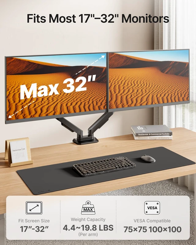 Alt view image 3 of 7 - monTEK Dual Monitor Mount Monitor Arms for 17-32" Screen | Aluminum Monitor Desk Mount for 2 Monitors, Holds 19.8 Lbs Per Arm, Full Motion, 75/100 VESA, Clamp/Grommet Mount