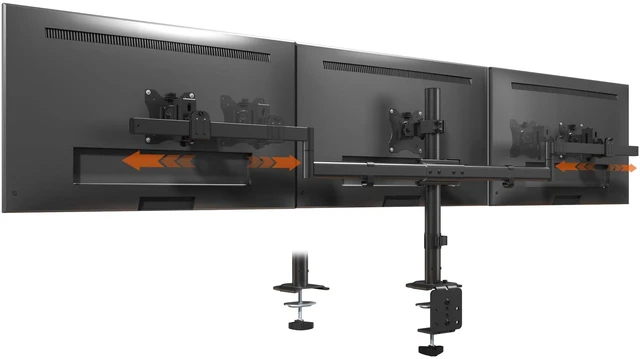 Main image of PUTORSEN Triple Monitor Mount with Slide VESA Design for 20"-32" Screens | Minimizes Wall Clearance and 1.57" Micro Height Adjustment, Supports 19.8 lbs per Arm, C-Clamp & Grommet Base, VESA 75/100mm