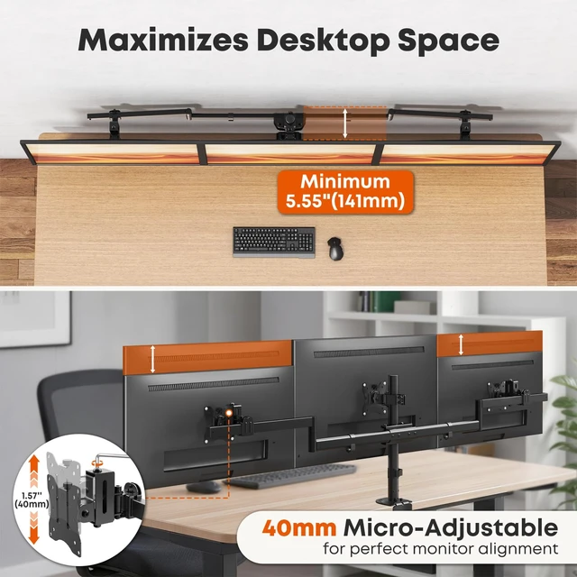 Alt view image 4 of 7 - PUTORSEN Triple Monitor Mount with Slide VESA Design for 20"-32" Screens | Minimizes Wall Clearance and 1.57" Micro Height Adjustment, Supports 19.8 lbs per Arm, C-Clamp & Grommet Base, VESA 75/100mm