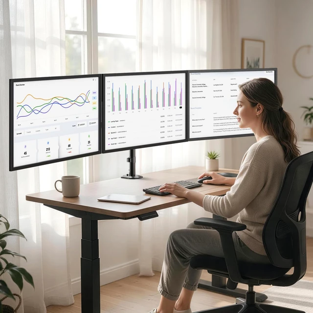 Alt view image 7 of 7 - PUTORSEN Triple Monitor Mount with Slide VESA Design for 20"-32" Screens | Minimizes Wall Clearance and 1.57" Micro Height Adjustment, Supports 19.8 lbs per Arm, C-Clamp & Grommet Base, VESA 75/100mm