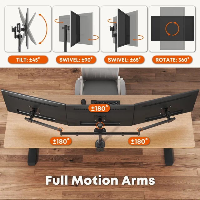 Alt view image 6 of 7 - PUTORSEN Triple Monitor Mount with Slide VESA Design for 20"-32" Screens | Minimizes Wall Clearance and 1.57" Micro Height Adjustment, Supports 19.8 lbs per Arm, C-Clamp & Grommet Base, VESA 75/100mm