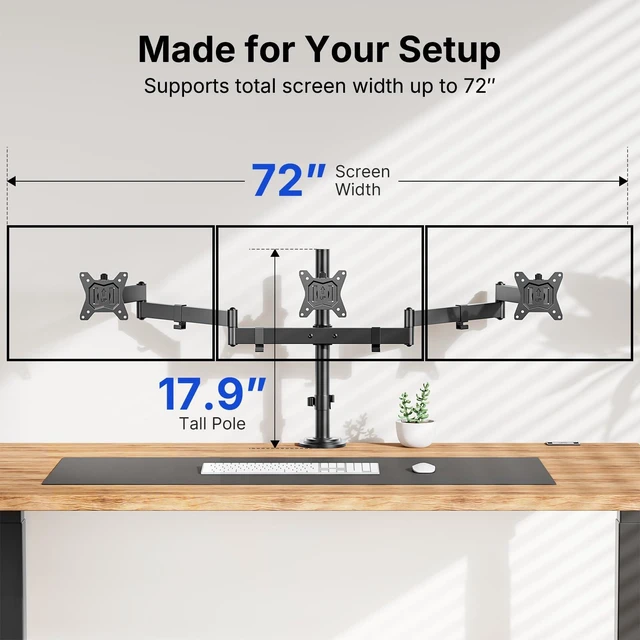 Alt view image 3 of 7 - HUANUO Triple Monitor Mount for 13-27 Inch Screens | Tilt, Swivel, Rotation, Heavy Duty Monitor Desk Mount with C-Clamp, Grommet Base, VESA 75/100mm, Holds up to 22 lbs per Arm