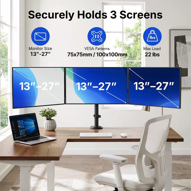 Alt view image 2 of 7 - HUANUO Triple Monitor Mount for 13-27 Inch Screens | Tilt, Swivel, Rotation, Heavy Duty Monitor Desk Mount with C-Clamp, Grommet Base, VESA 75/100mm, Holds up to 22 lbs per Arm