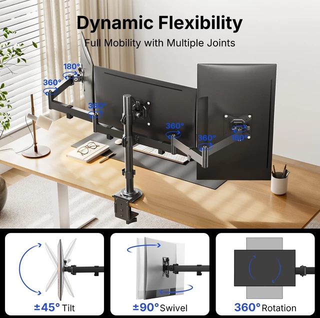 Alt view image 5 of 7 - HUANUO Triple Monitor Mount for 13-27 Inch Screens | Tilt, Swivel, Rotation, Heavy Duty Monitor Desk Mount with C-Clamp, Grommet Base, VESA 75/100mm, Holds up to 22 lbs per Arm