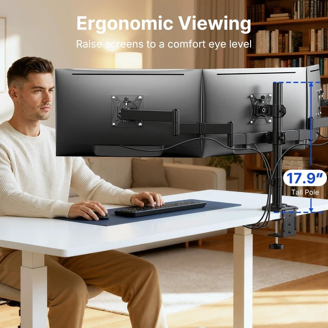Alt view image 6 of 7 - HUANUO Triple Monitor Mount for 13-27 Inch Screens | Tilt, Swivel, Rotation, Heavy Duty Monitor Desk Mount with C-Clamp, Grommet Base, VESA 75/100mm, Holds up to 22 lbs per Arm