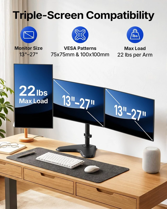 Alt view image 2 of 7 - HUANUO Triple Monitor Stand for 13-27 Inch Screens, 3 Monitor Mount | Free Standing & Grommet Base, 40% Thicker Pole, Larger Base, Tilt, Swivel, Rotation, Holds up to 22 lbs, VESA 75x75/100x100mm