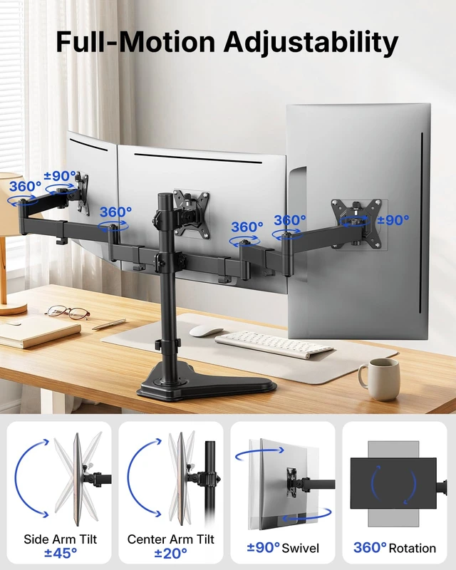 Alt view image 3 of 7 - HUANUO Triple Monitor Stand for 13-27 Inch Screens, 3 Monitor Mount | Free Standing & Grommet Base, 40% Thicker Pole, Larger Base, Tilt, Swivel, Rotation, Holds up to 22 lbs, VESA 75x75/100x100mm