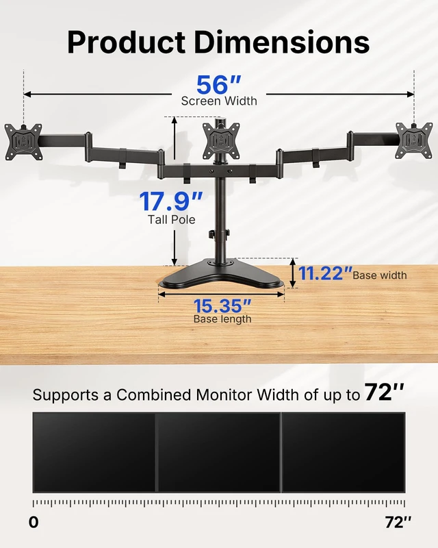 Alt view image 5 of 7 - HUANUO Triple Monitor Stand for 13-27 Inch Screens, 3 Monitor Mount | Free Standing & Grommet Base, 40% Thicker Pole, Larger Base, Tilt, Swivel, Rotation, Holds up to 22 lbs, VESA 75x75/100x100mm