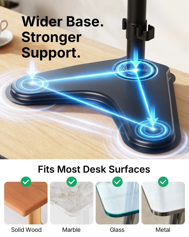 Alt view image 6 of 7 - HUANUO Triple Monitor Stand for 13-27 Inch Screens, 3 Monitor Mount | Free Standing & Grommet Base, 40% Thicker Pole, Larger Base, Tilt, Swivel, Rotation, Holds up to 22 lbs, VESA 75x75/100x100mm