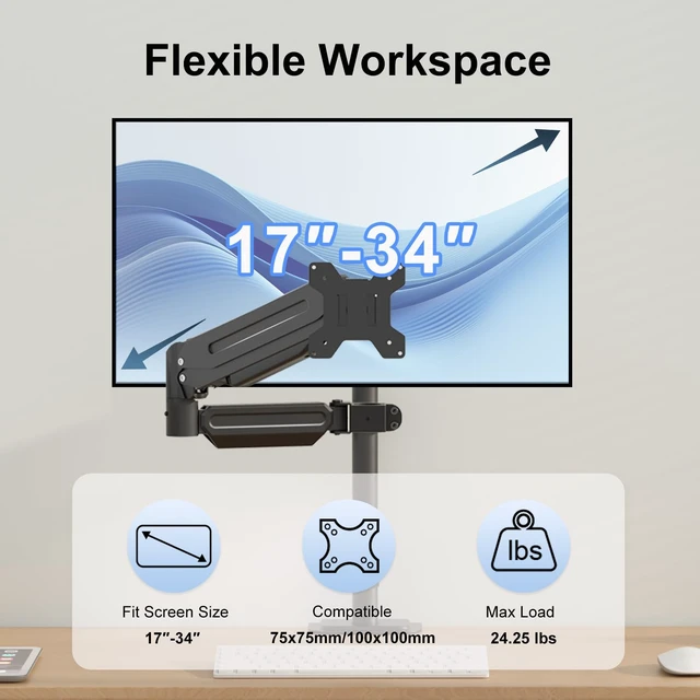 Alt view image 2 of 7 - suptek Single Monitor Arm for Desk Mount Stand,Adjustable Monitor Arm for 17 to 32 inch Screen, Support Weight up to 22lbs, Mounting Holes 75x75mm to 100x100mm, ,Pneumatic Pole Mount Arm Black