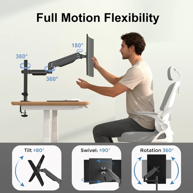 Alt view image 3 of 7 - suptek Single Monitor Arm for Desk Mount Stand,Adjustable Monitor Arm for 17 to 32 inch Screen, Support Weight up to 22lbs, Mounting Holes 75x75mm to 100x100mm, ,Pneumatic Pole Mount Arm Black