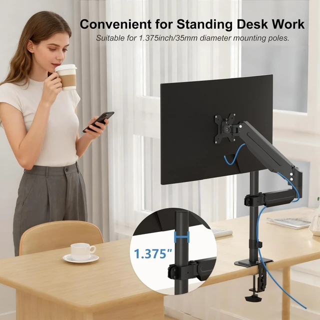 Alt view image 5 of 7 - suptek Single Monitor Arm for Desk Mount Stand,Adjustable Monitor Arm for 17 to 32 inch Screen, Support Weight up to 22lbs, Mounting Holes 75x75mm to 100x100mm, ,Pneumatic Pole Mount Arm Black