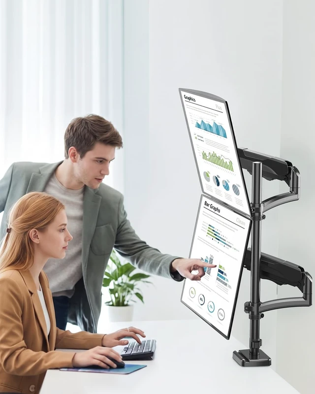 Alt view image 2 of 7 - ErgoFocus Vertical Dual Monitor Mount Fit up to 32", Stacked Monitor Stand for 2 Computer Screens, Gas Spring Full Motion Adjustable Tall Display Desk Mount, Each Arm Holds up to 17.6lbs, VESA Mount