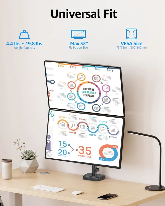 Alt view image 3 of 7 - ErgoFocus Vertical Dual Monitor Mount Fit up to 32", Stacked Monitor Stand for 2 Computer Screens, Gas Spring Full Motion Adjustable Tall Display Desk Mount, Each Arm Holds up to 17.6lbs, VESA Mount