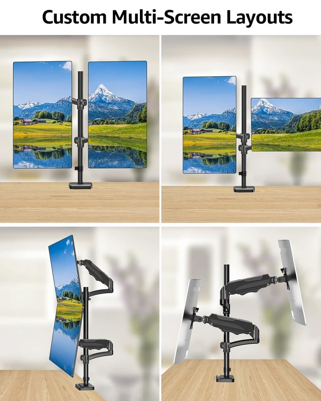 Alt view image 7 of 7 - ErgoFocus Vertical Dual Monitor Mount Fit up to 32", Stacked Monitor Stand for 2 Computer Screens, Gas Spring Full Motion Adjustable Tall Display Desk Mount, Each Arm Holds up to 17.6lbs, VESA Mount